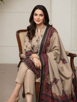 Pashmina Kashmiri Wool Luxury 3PC قلم کار Print