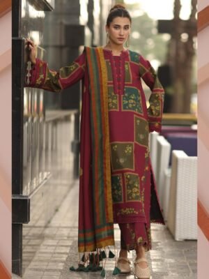 Elegant Winter Soft Slub Digital Print 3PC Dress