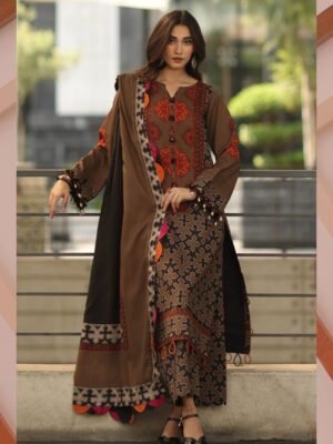 Winter Soft Slub Digital Print 3PC Dress – Brown & Black