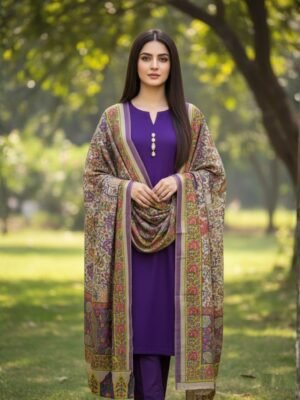 Marina 3PC Dress with Pashmina Shawl – Purple Edition